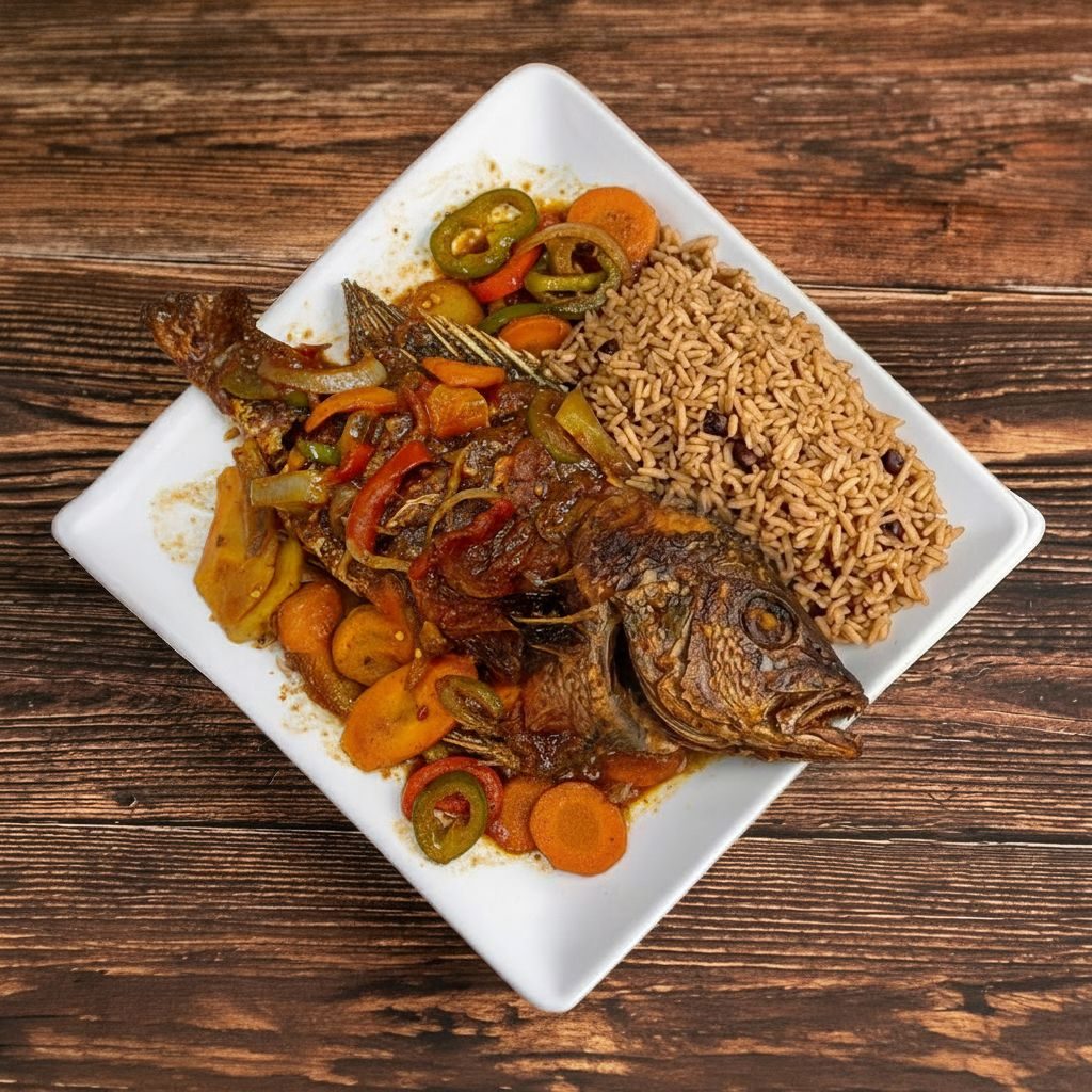 Brown Stew Fish Dinner.
